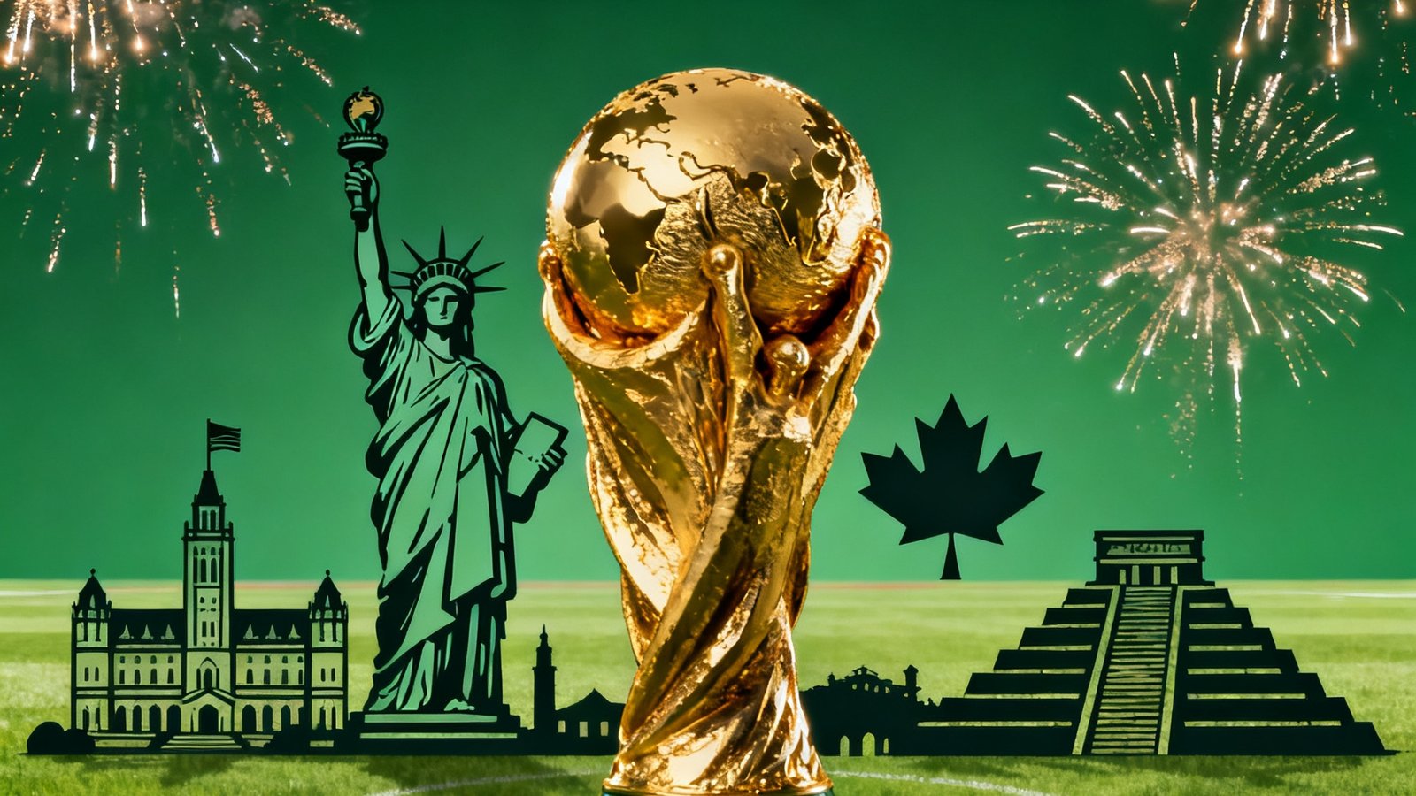 2026美加墨世界杯官方主视觉海报，展示大力神杯与北美三国的标志性建筑剪影，背景为绿色草地球场和璀璨烟花