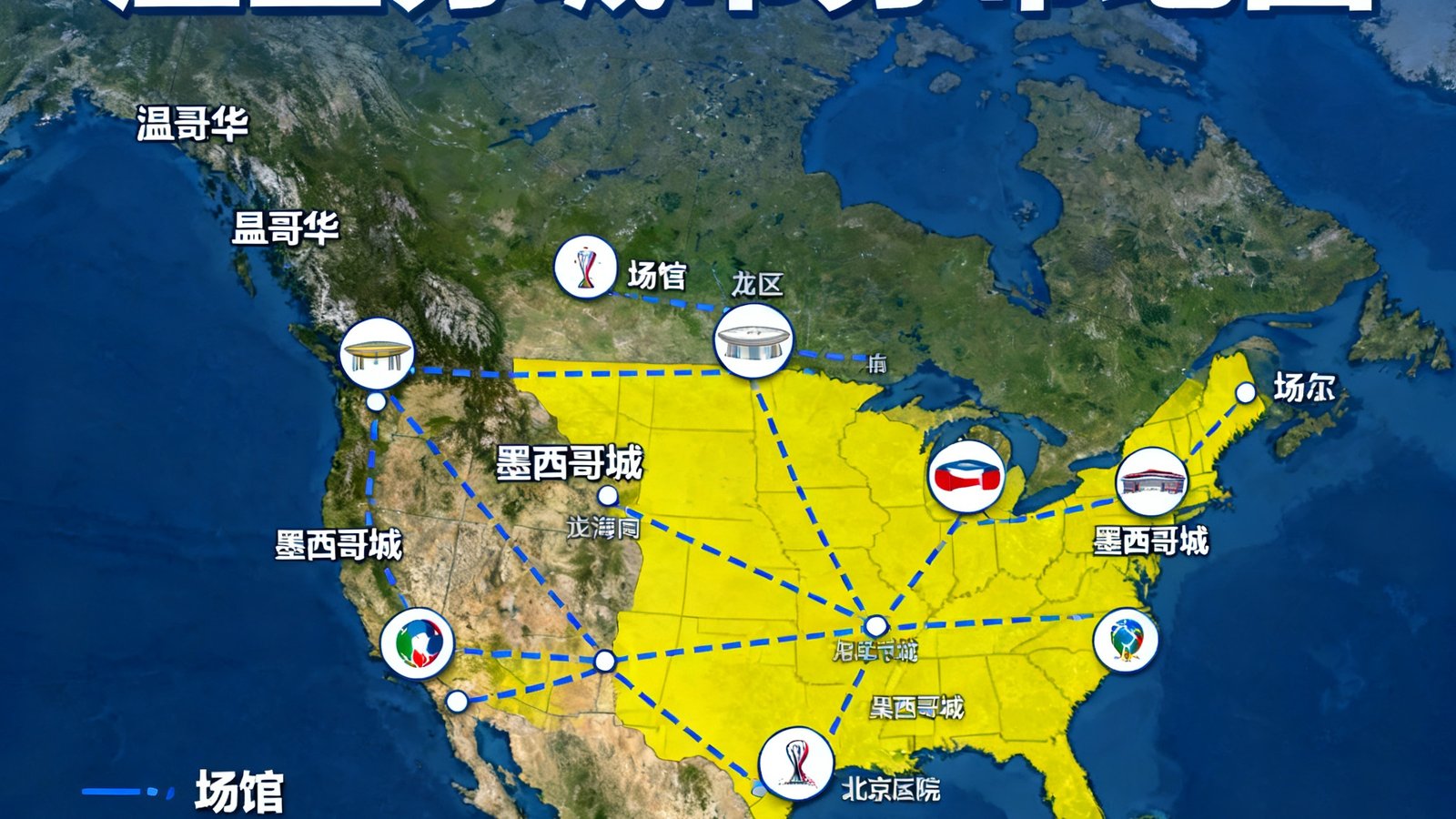 2026世界杯北美16座主办城市分布地图，标注了从温哥华到墨西哥城的各场馆位置、交通线路和球迷区域